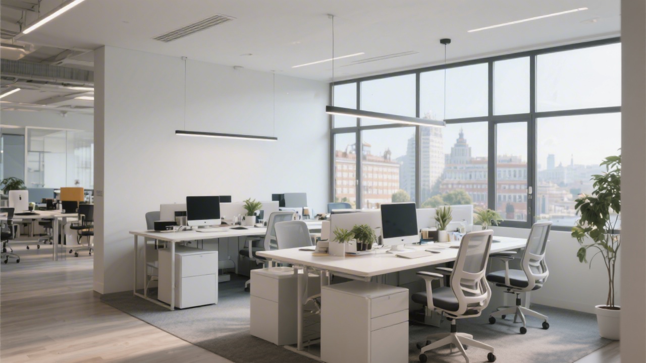 Modern Madrid office interior with large windows, minimal furniture, and a tidy collaborative workspace that suggests focus and professionalism in content production.