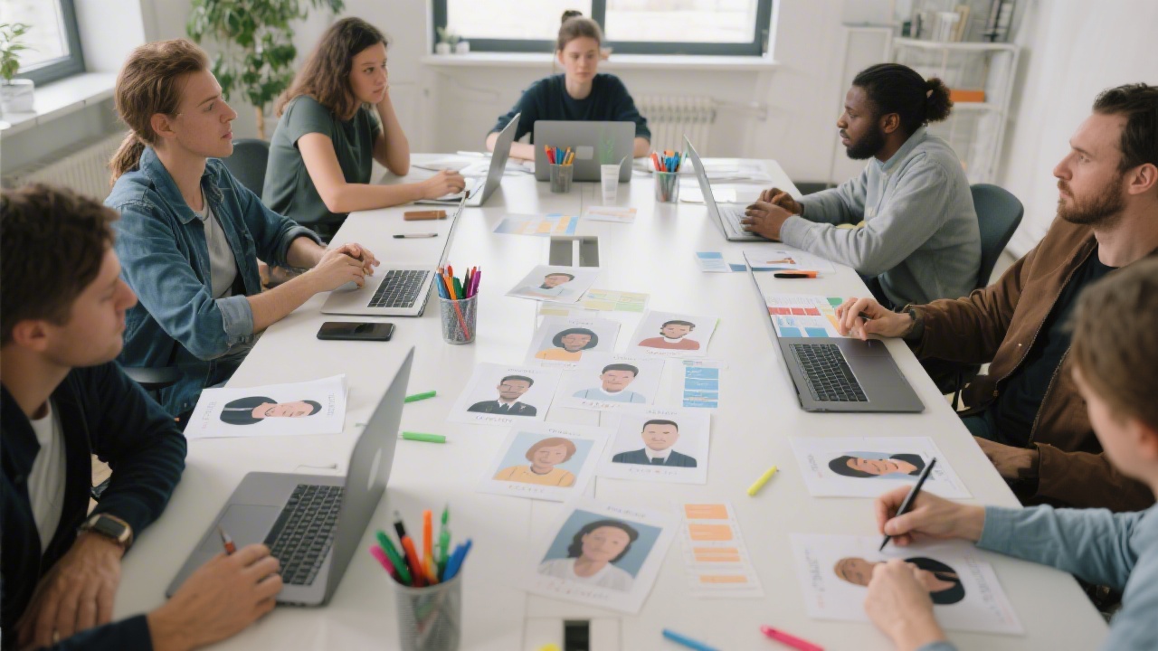 Content strategy workshop with printed buyer personas, markers, and laptops on a large table, showing collaborative planning in a calm editorial environment.