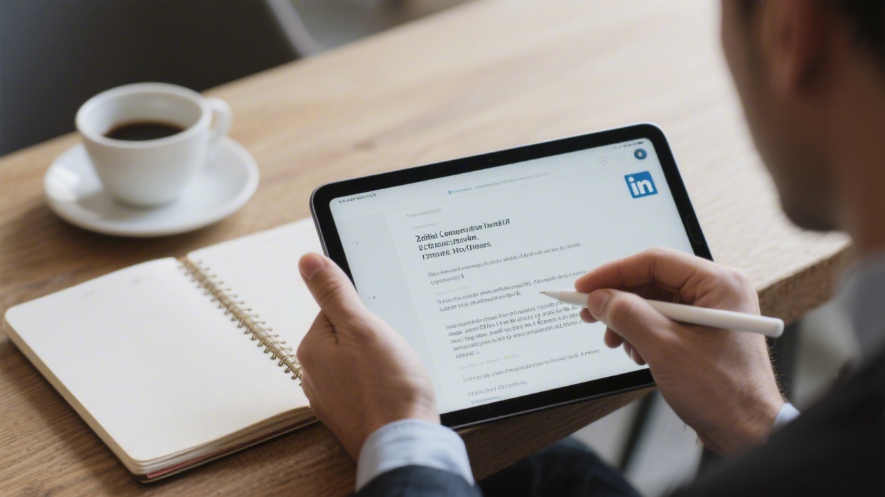 Professional B2B marketer reviewing LinkedIn content drafts on a tablet, with a notebook and coffee, highlighting careful editorial review for executive audiences.