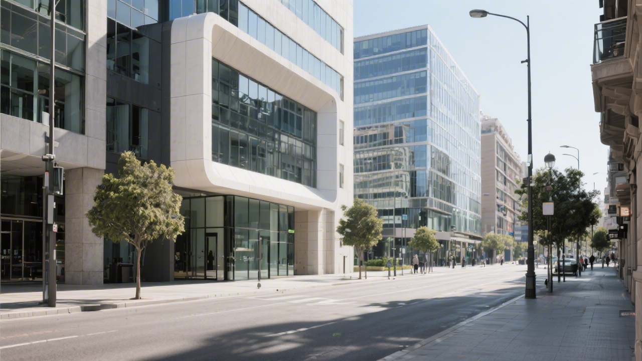 Street view of a modern Madrid business district with clean architecture and calm atmosphere, representing the local presence of a professional content studio.