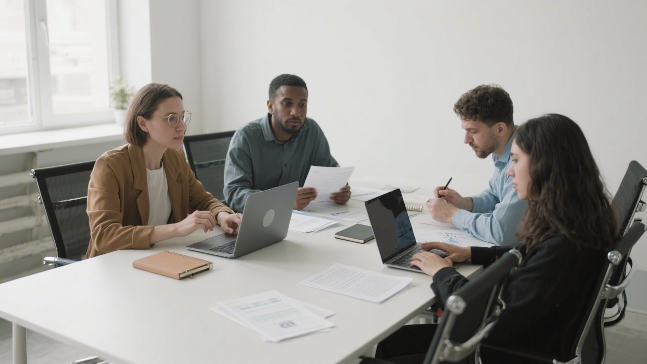 Editorial marketing team collaborating around a table with laptops, printed briefs, and notebooks, showing a professional and calm workspace with natural light and minimal decor.
