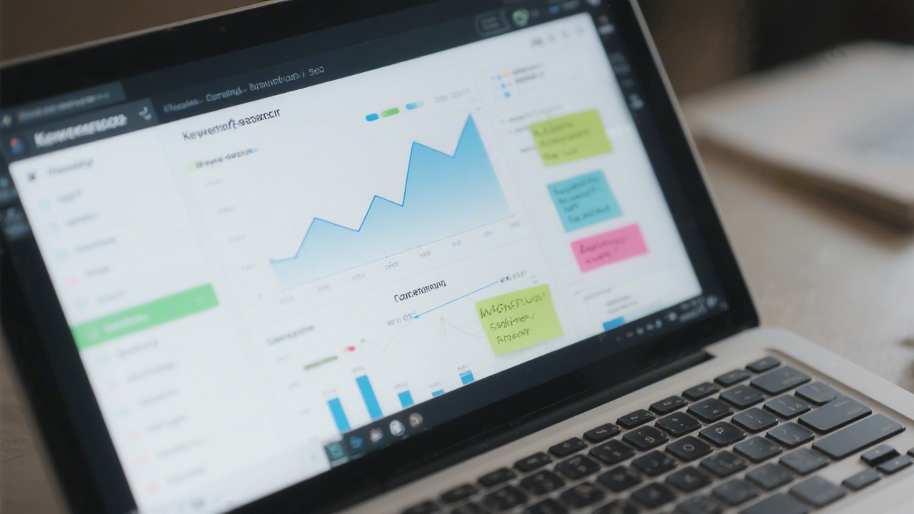 Close-up of keyword research on a laptop screen with analytics graphs and notes, indicating structured SEO planning and content strategy for business audiences.