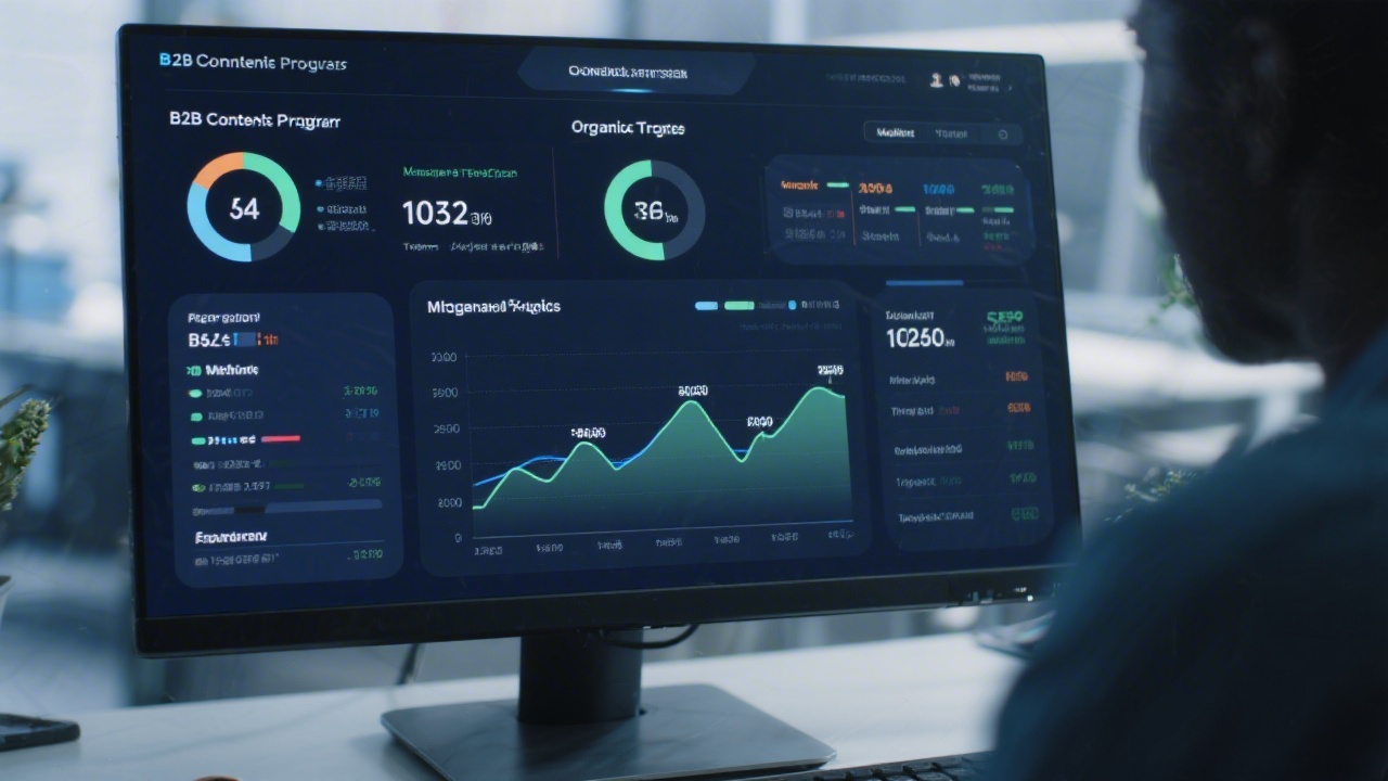 Dashboard with content performance metrics and organic traffic charts on a computer monitor, demonstrating analysis of SEO results for B2B content programs.
