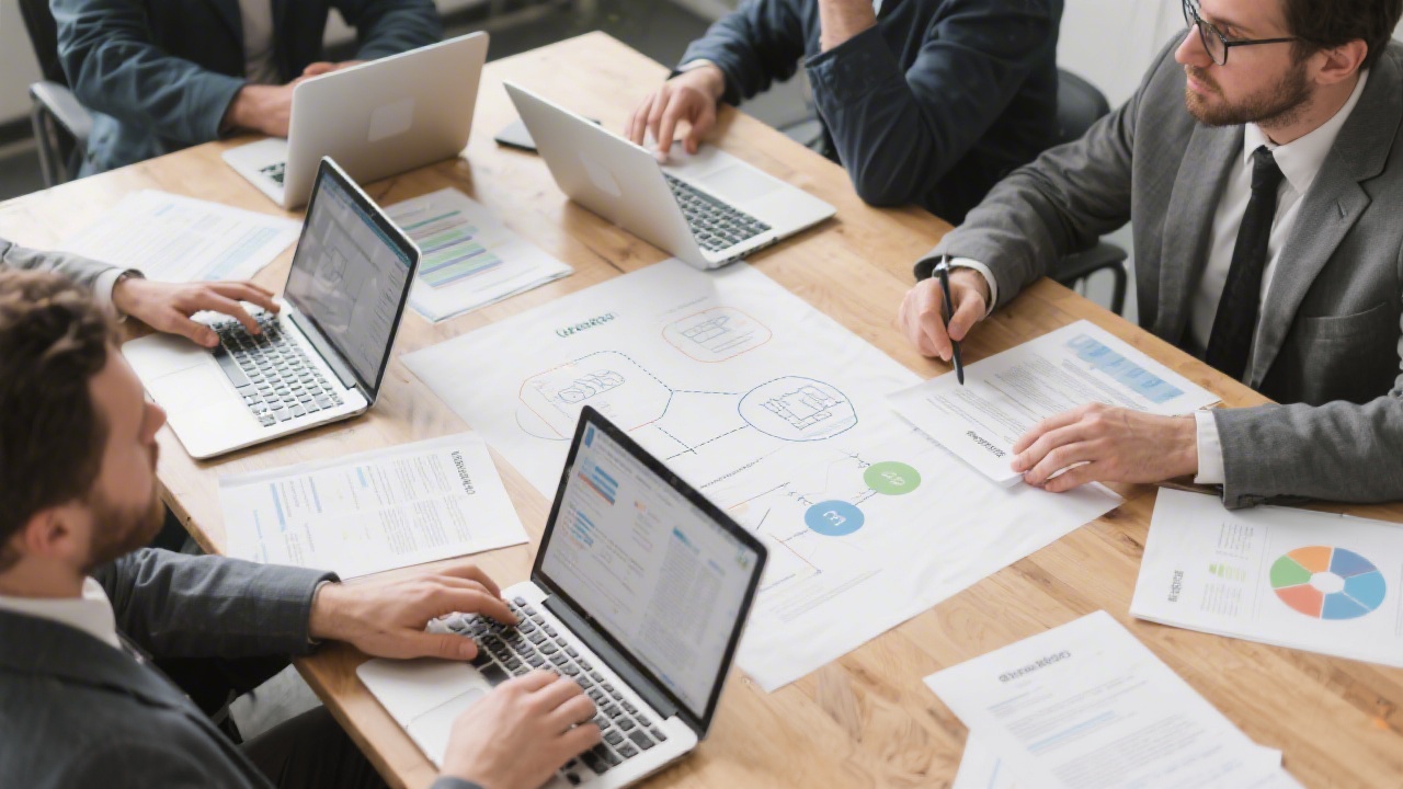 Strategic planning session with laptops, printed briefs, and diagrams on a table, representing structured content services for B2B marketing teams.