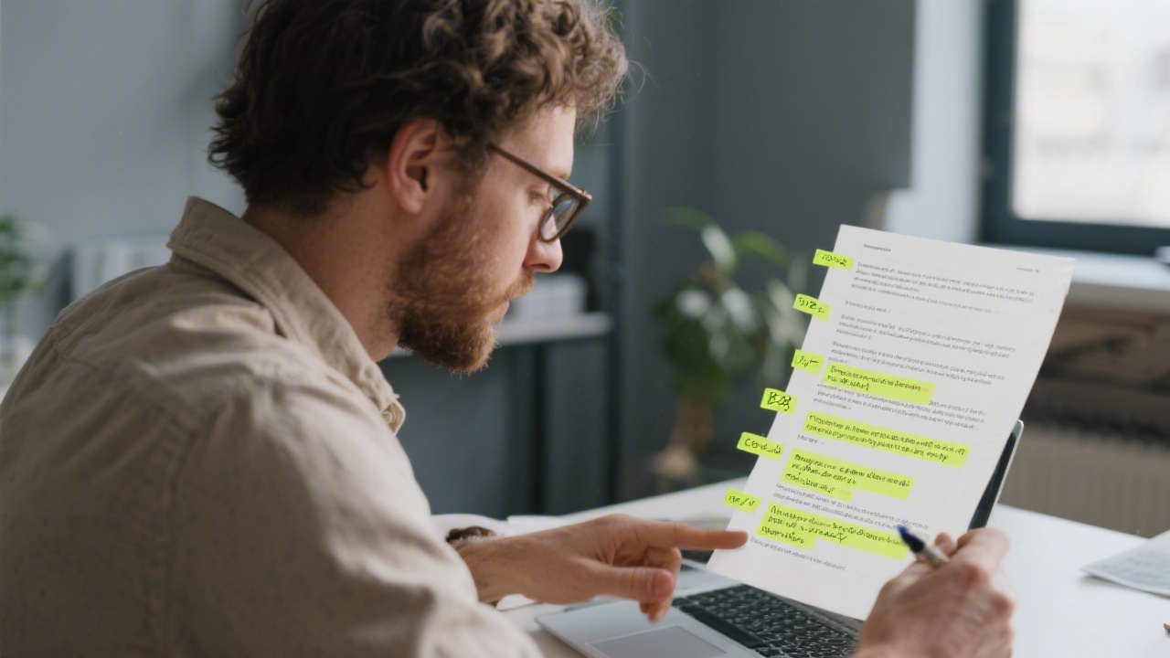 Focused copywriter working on a draft with highlighted paragraphs and notes, indicating careful editorial refinement for a B2B content piece.